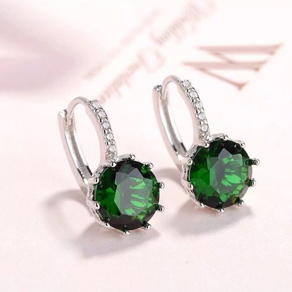 A018 *NEW 925 STAMPED STERLING SILVER DIAMOND AND EMERALD HUGGIE EARRINGS - Picture 1 of 10